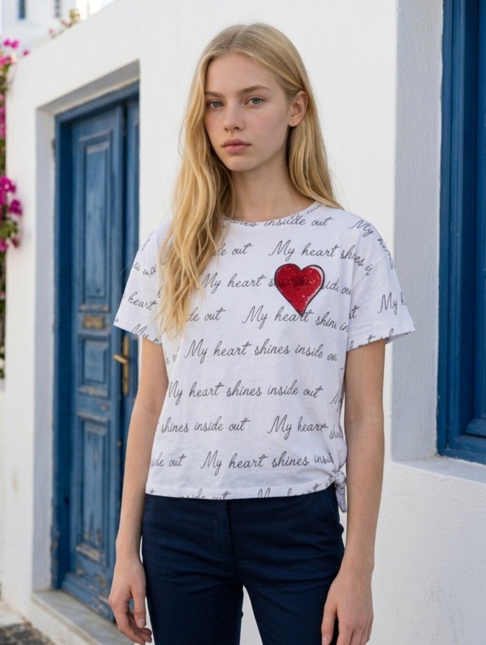 Zara Girl My Heart Shines inside out white tee with red beaded heart Size 13/14